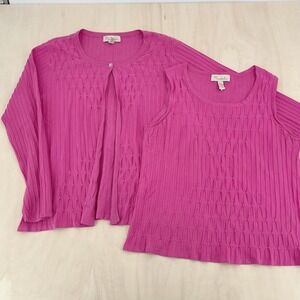 Mainbocher Cardigan Tank Set Womens XL Pink Silk Blend Lattice Knit Twin Set